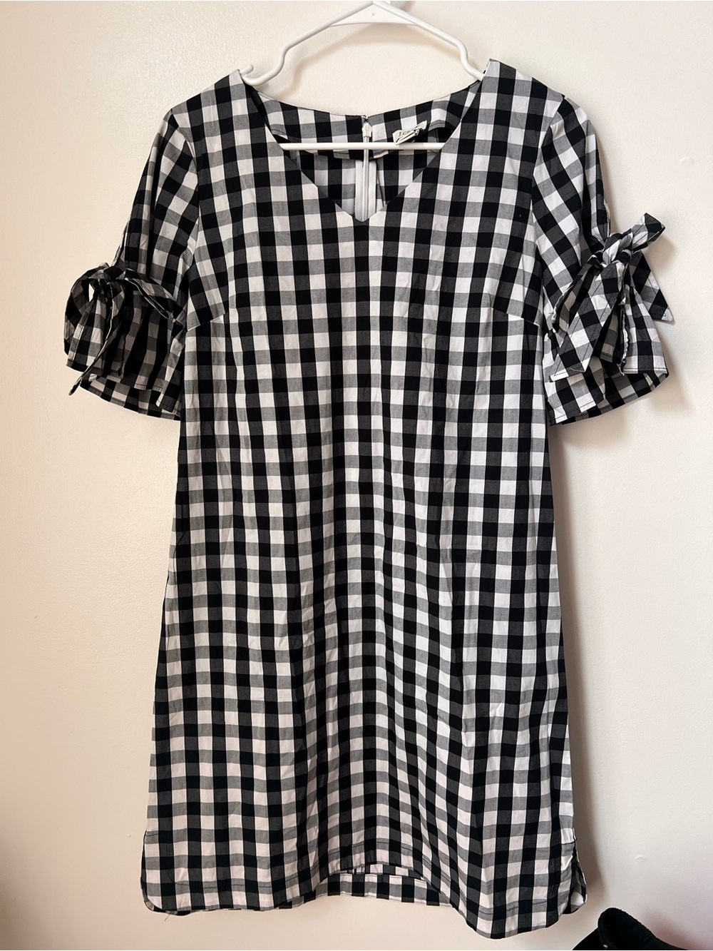 J.Crew XS Women Black/White Gingham Ruffle Bow Tie-Sleeve V-Neck Dress